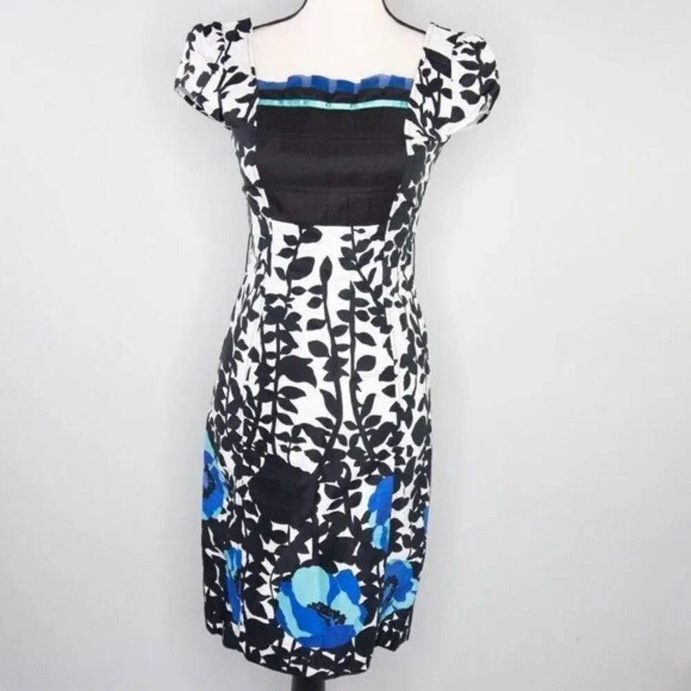 Vintage floral print black white, square neck,‎ bubble short sleeve sheath dress
